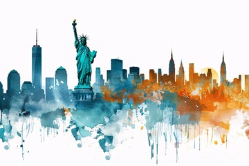 a statue of liberty in front of a city - obrazy, fototapety, plakaty