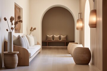 Chic Minimalist Hallway with Wooden and Clay Decor, Stylish Light Fixtures, and Plush Seating
