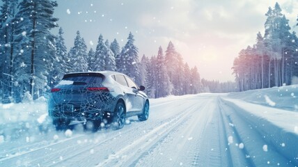 robust SUV cruises along a snowy mountain road amidst a gentle snowfall, embodying the spirit of winter exploration and adventure