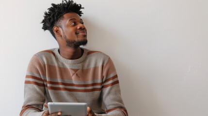 a person is casually leaning against a white wall, holding a tablet with a thoughtful smile, wearing a striped sweater.