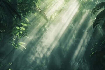 Craft a mottled background inspired by the sun's rays filtering through a dense jungle canopy, with a play of light and shadow creating a dynamic and mysterious atmosphere