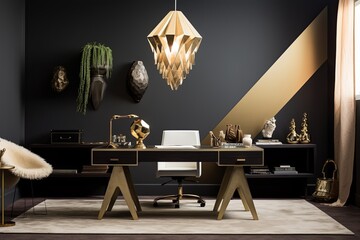 Gold and Crystal Chandeliers: Elegant Minimalist Interior with Clutter-Free Desk Inspirations and Earth-Toned Textiles