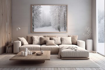 Winter Minimalist Living: Neutral Palette with Simple Furniture in Serene Landscape