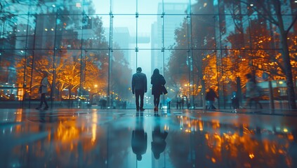 A man and a woman stand in front of a large window overlooking the city, the electric blue water reflecting the world outside, creating a symmetrical art piece in the buildings glass surface