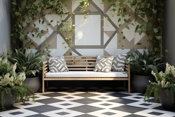 Fototapeta premium Minimalist Patio with Ornate Garden Benches Featuring Geometric Wallpaper Designs in Neutral Color Palette