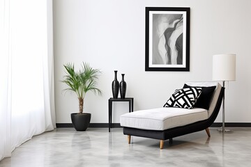 Modern Elegance: Black and White Minimalist Room with Concrete Floors and Art Deco Accents