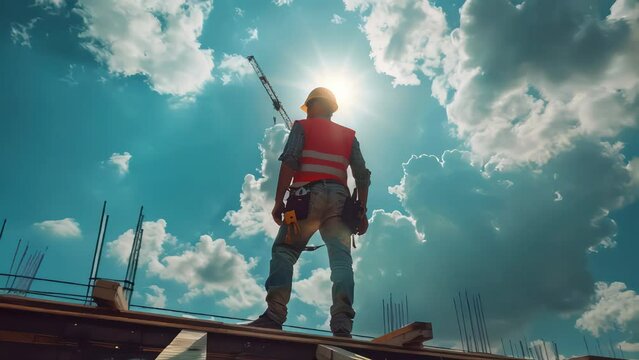 Construction worker, clad in safety uniform, seen from behind, diligently working on the roof structure of a building at a bustling construction site.