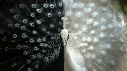 Black and White Peacock, Half Black Half White, Generative AI.