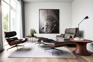 Modern Elegance: Minimalist Studio featuring Metal and Leather Seating with Serene Color Palette