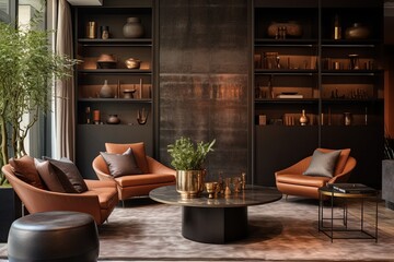 Metal and Leather Seating with Terracotta Cushions: Modern Apartment Style