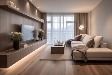 Fototapeta premium Contemporary oasis: Neutral-toned modern abode with laminate flooring and gentle lighting
