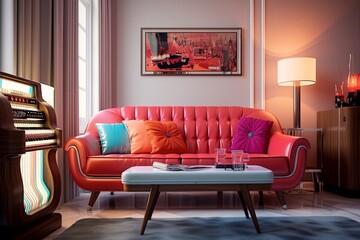 Modern Apartment featuring Classic Jukebox Decor and Contemporary Couch Delights