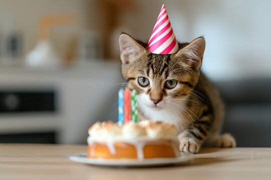 Eine s&uuml;&szlig;e Katze mit Partyhut vor einem Geburtstagskuchen 