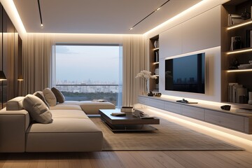 Fototapeta premium Voice-Activated Lighting Systems Illuminate a Modern Minimalist Apartment