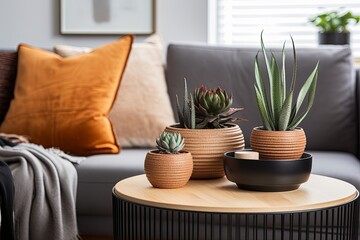 Modern Apartment Oasis: Cactus and Succulent Displays in Terracotta Pots on Round Coffee Table