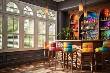 Fototapeta na wymiar Colorful Drink Display in Modern Bar with Plantation Shutter Windows and Leather Stools