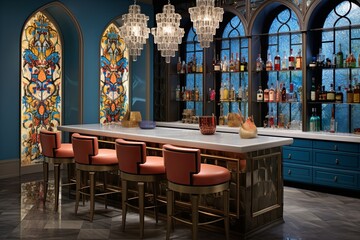 Fototapeta na wymiar Golden Charm: Vintage Console Tables & Crystal Chandeliers in a Colorful Tilework Modern Bar