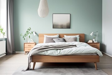 Fototapeta na wymiar Modern Bedroom Design: Luxurious Velvet Bedding Amid Mint Green Walls and Scandinavian Wood Furniture