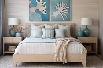 Nautical Wave-Patterned Modern Bedroom with Seashell Accents