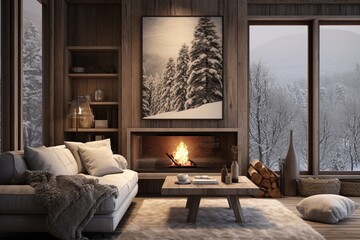Winter Landscape Artwork: Modern Cabin & Cozy Fireplace Inspirations with Reclaimed Material Art Displays
