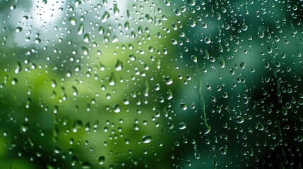 Serene image of rain-speckled window overlooking verdant trees.