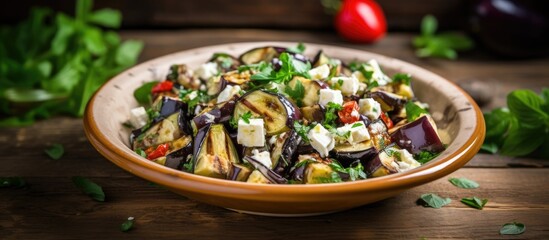 A bowl filled with aubergine and feta salad sits atop a rustic wooden table. The vibrant colors of the salad contrast with the natural tones of the table, creating a visually appealing composition.