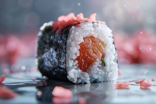 a sushi roll with salmon and rice