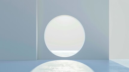 A minimalist room with a circular window letting in daylight