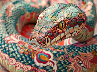 A colorful, intricately-patterned snake sculpture