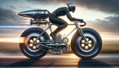 Motorcyclist speeding on futuristic bike at sunset