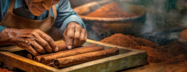 Artisan hand-rolling premium cigars carefully. The skilled craftsmanship and tradition of cigar making are evident in the meticulous process. Panorama with copy space - obrazy, fototapety, plakaty