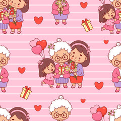 Seamless pattern with cute grandmother with adult daughter and little granddaughter on pink background. Festive characters female generation. Mother's Day. Vector illustration in cartoon flat style