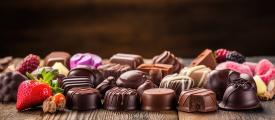 A pile of various chocolates, ranging from milk to dark, arranged neatly on top of a rustic wooden table. The chocolates gleam under the light, tempting anyone who gazes upon them. - obrazy, fototapety, plakaty