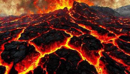 Abstract illustration of Black and golden burning lava extracted from a volcano - obrazy, fototapety, plakaty