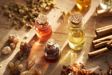 Bottles of aromatherapy essential oils with frankincense resin, cinnamon and dried herbs