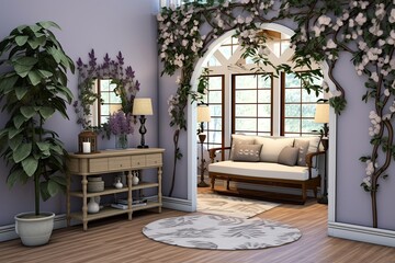 Vine and Grape-Themed Modern Home Entryway: Rug with Vine Patterns and Grape Wall Decals