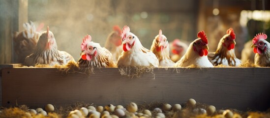 A group of chickens are clustered inside a trough on a farm, pecking at the feed scattered on the ground. In the background, eggs are visible in a nearby tray.