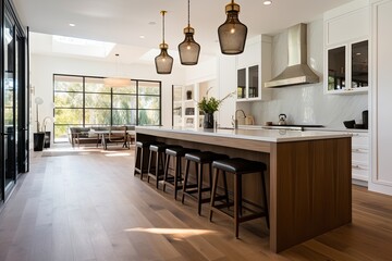 Modern Home with Historic Architectural Features: Laminate Flooring and Pendant Lighting Showcase - obrazy, fototapety, plakaty