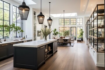 Modern Home: Historic Architectural Features with Laminate Flooring and Pendant Lighting Elegance - obrazy, fototapety, plakaty