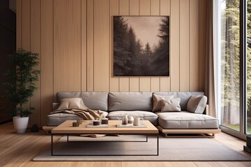 Modern House Bliss: Woven Wall Hangings, Laminate Flooring, and Cozy Couch Haven - obrazy, fototapety, plakaty