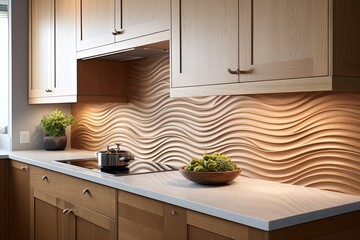 Wave-Patterned Tiles in Modern Kitchen: Wooden Cabinets and Sleek Design