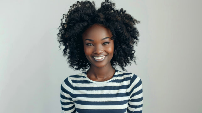 Young Woman With Curly Afro Hair, Wearing A Striped Shirt, Standing With Her Arms Crossed, Smiling And Looking Directly At The Camera