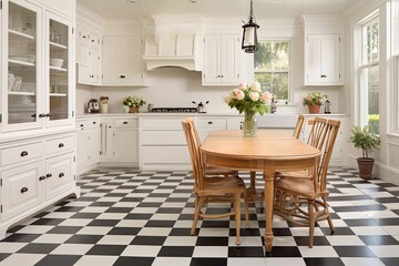 Fototapeta premium Classic Checkerboard White Kitchen with Wooden Dining Set
