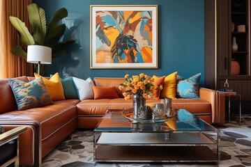 Mediterranean Color Tones Living Room: Leather Sofa & Golden Frame Decor Aesthetics