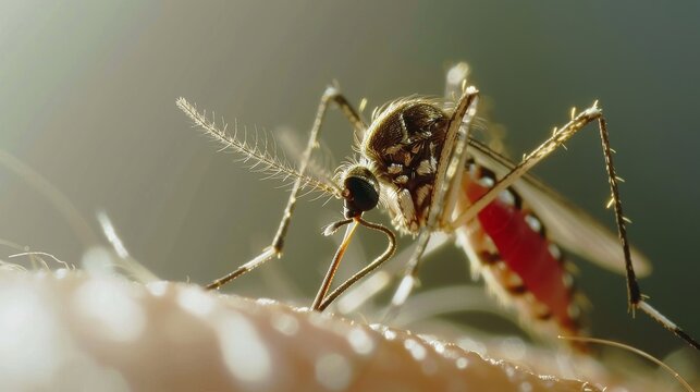 Closeup Picture of a mosquito sucking blood from an arm. Isolated, space for copy