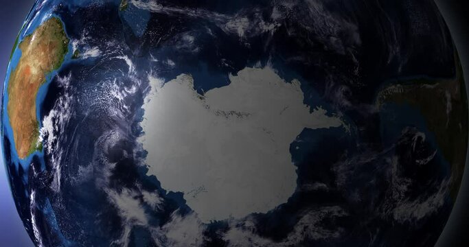 Antarctica and the south pole of the earth as seen from an orbital satellite. 3D Animation of the rotation of the globe around its axis and the movement of the atmosphere. Contains NASA images