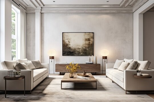 Chic Pendant Lighting in a Modern Living Room with Historic Architectural Features and Concrete Design
