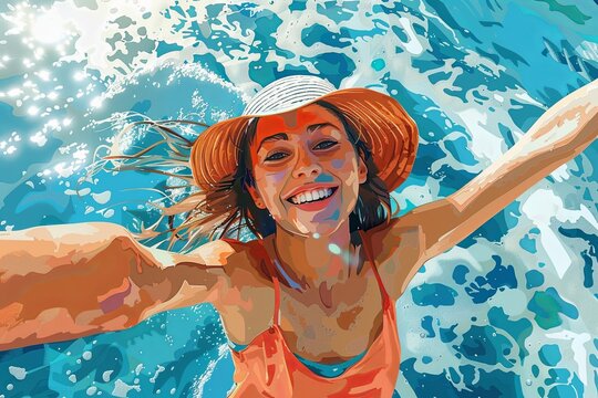 Illustration of a happy young girl taking a selfie against the sea background