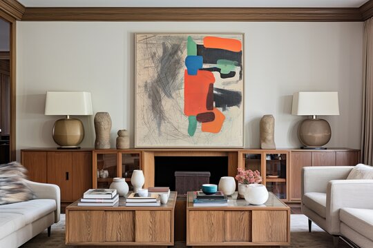 Modern Living Room: Abstract Art, Vintage Radios, Antique Wood Cabinetry