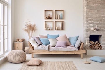 Naklejka premium Modern Nordic Home: Mediterranean Color Palette & Rustic Wooden Furniture